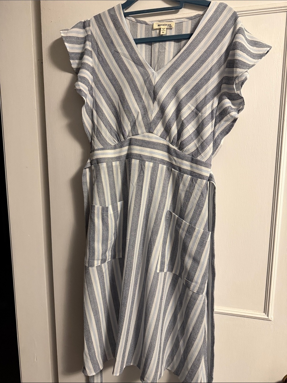 Monteau Blue & White Striped V-Neck Midi with Pockets